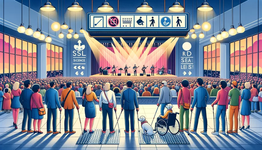 Illustration of a concert hall depicting guests with visual disabilities