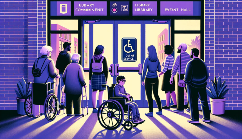 Illustration depicting the scenario and the diverse group of individuals impacted by the broken accessibility button. Each image offers a unique perspective on the importance of maintaining accessible features in public spaces, emphasizing the need for inclusion and equal access for all.