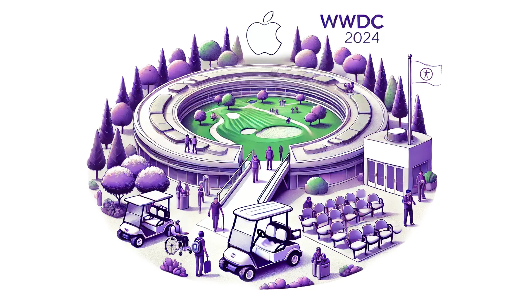 Illustration depicting Apple's headquarters, Apple Park. It depicts a diverse range of people in wheelchairs and walking.