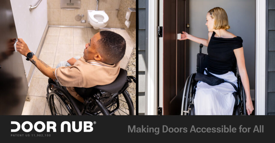 Two wheelchair users using the Door Nub on a bathroom stall door and a home front door