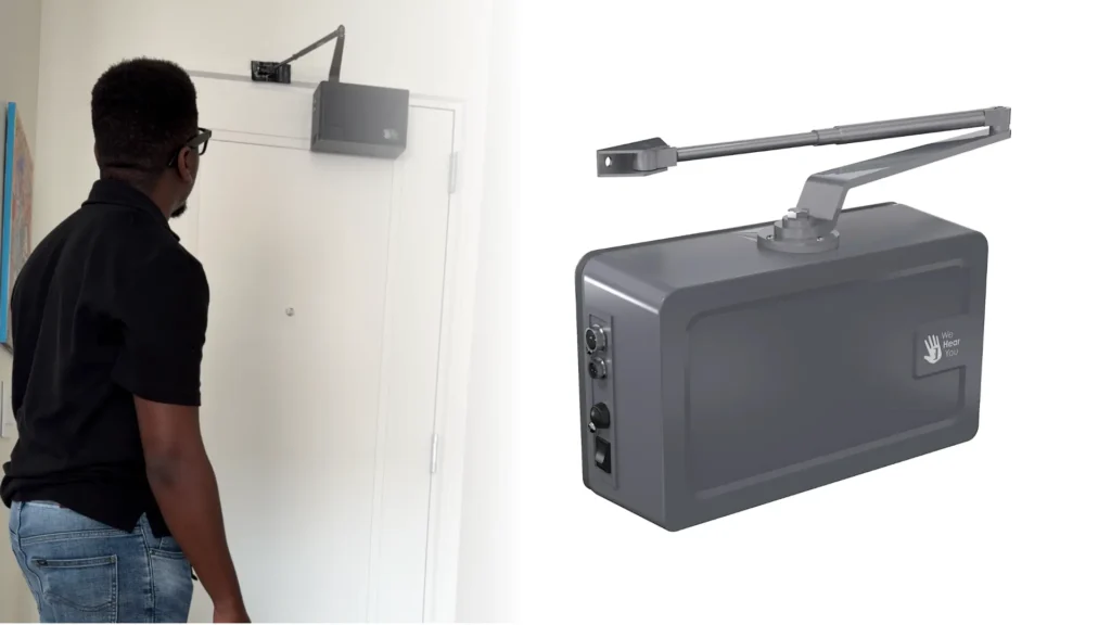 Young male installing HERO Door Opener on a white apartment door