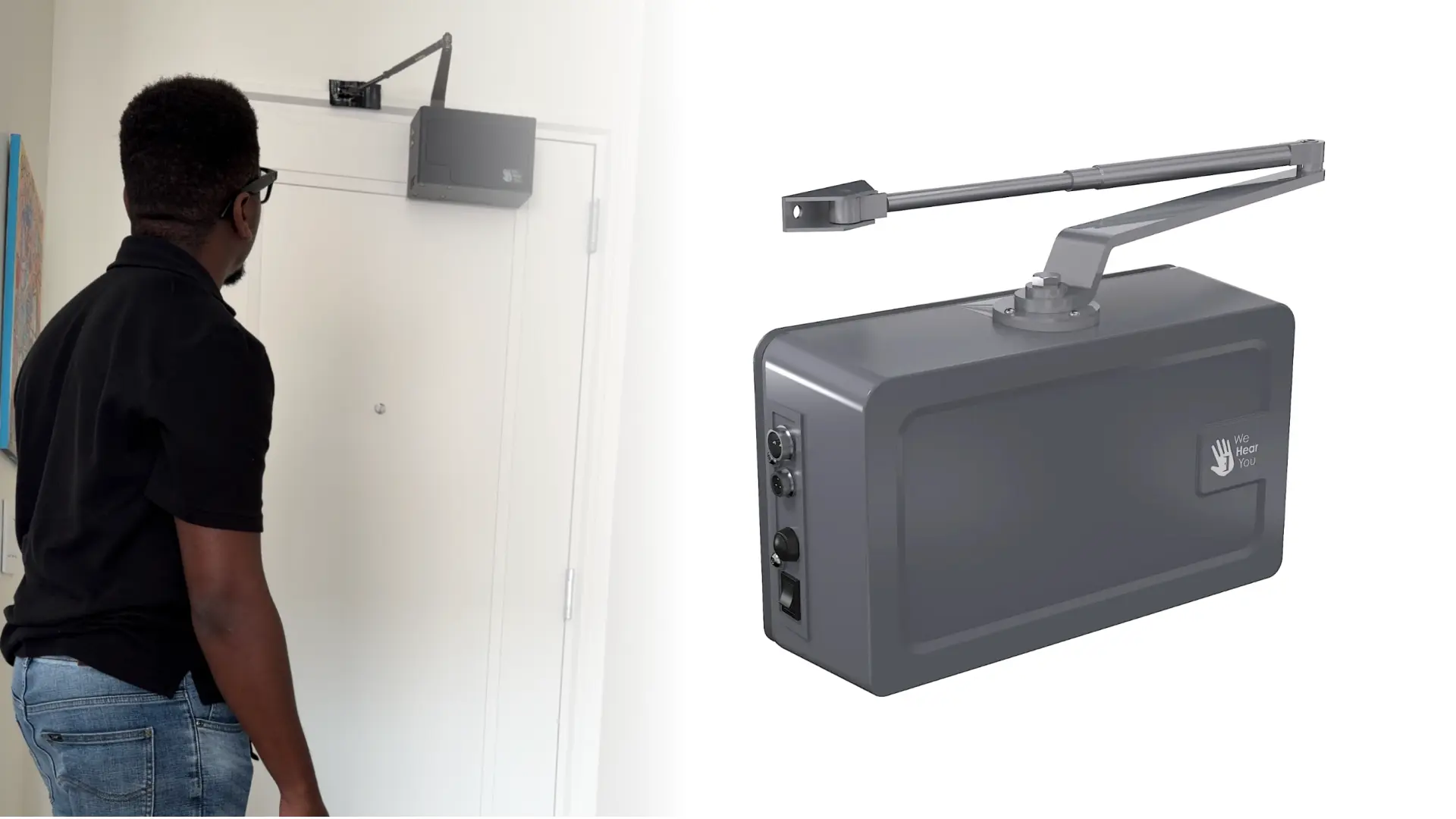 Young male installing HERO Door Opener on a white apartment door